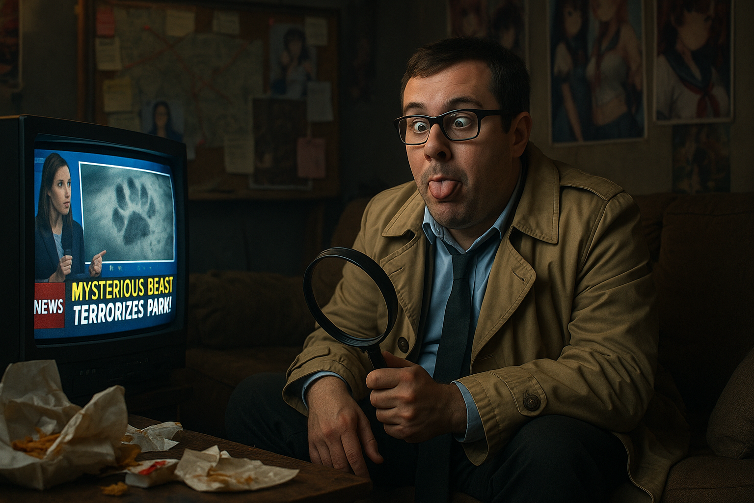 Paul watches news about a mysterious beast terrorizing the park with his tongue out and magnifying glass ready
