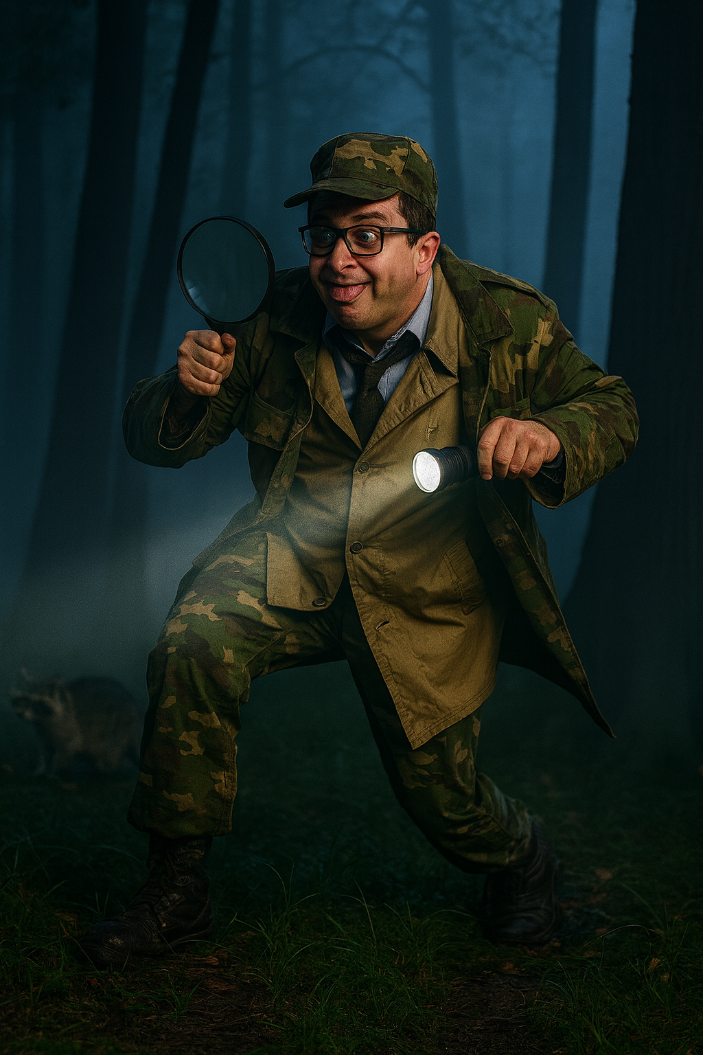 Paul dressed in camouflage creeping through the foggy park at night with flashlight and magnifying glass