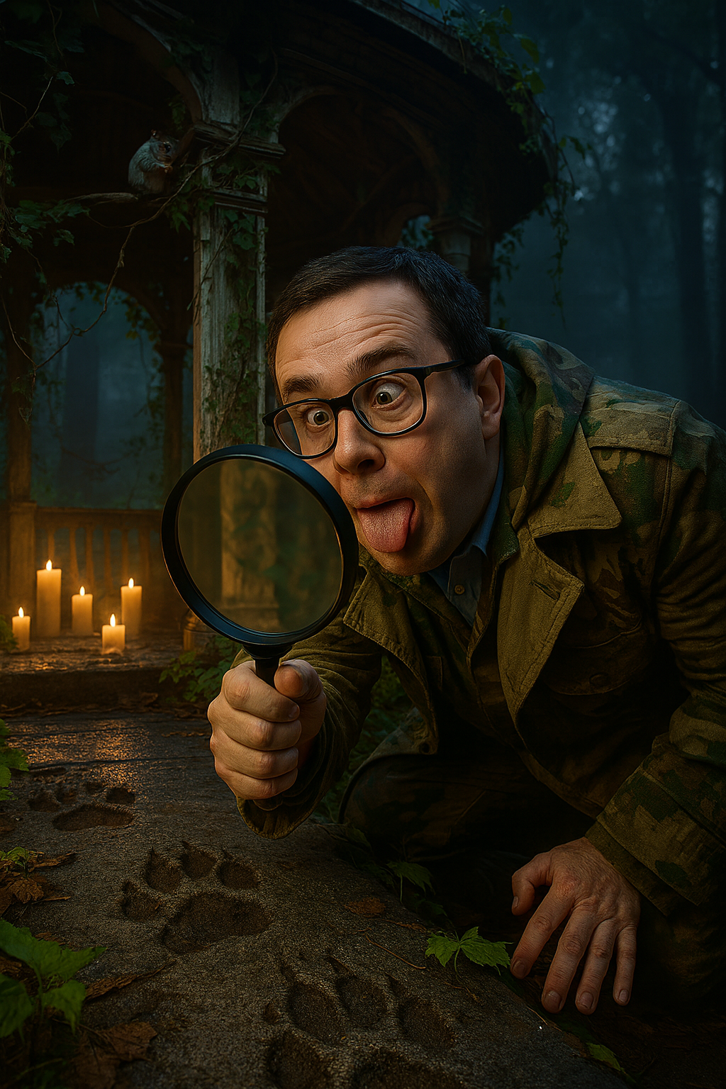 Paul kneels by paw prints near an old gazebo with candles burning, sticking his tongue out in mock concentration