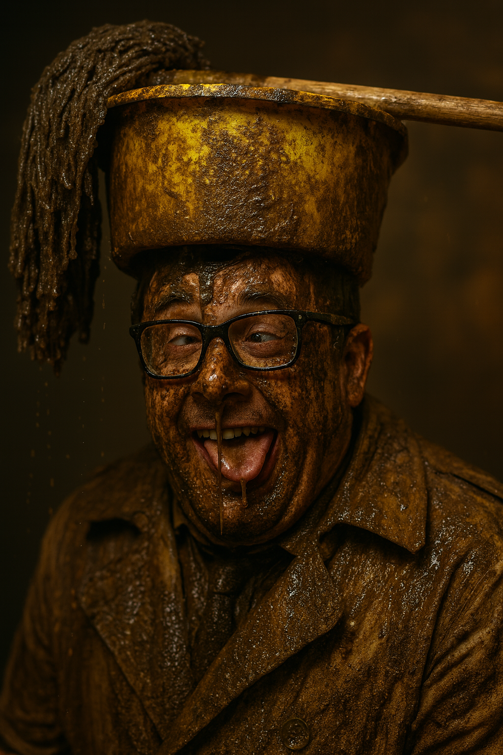 Paul covered head to toe in filthy mop water with a bucket on his head grinning in humiliation