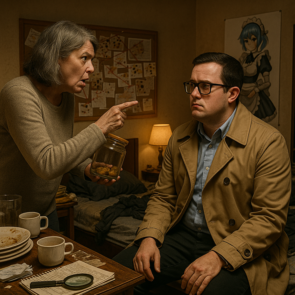Mom confronts Paul in his messy bedroom with the cookie jar as evidence on a cluttered desk