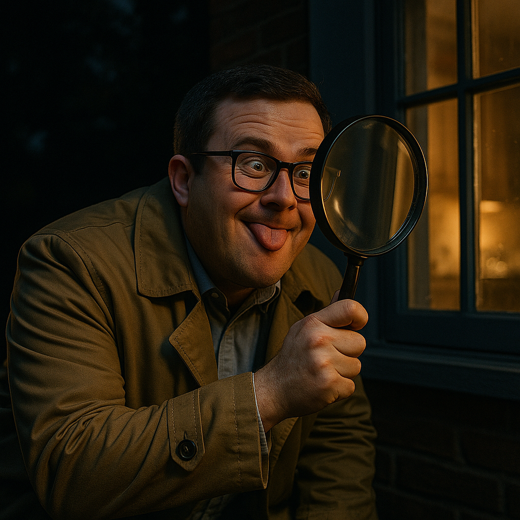 Paul outside at night with trench coat and oversized magnifying glass posing like a real detective