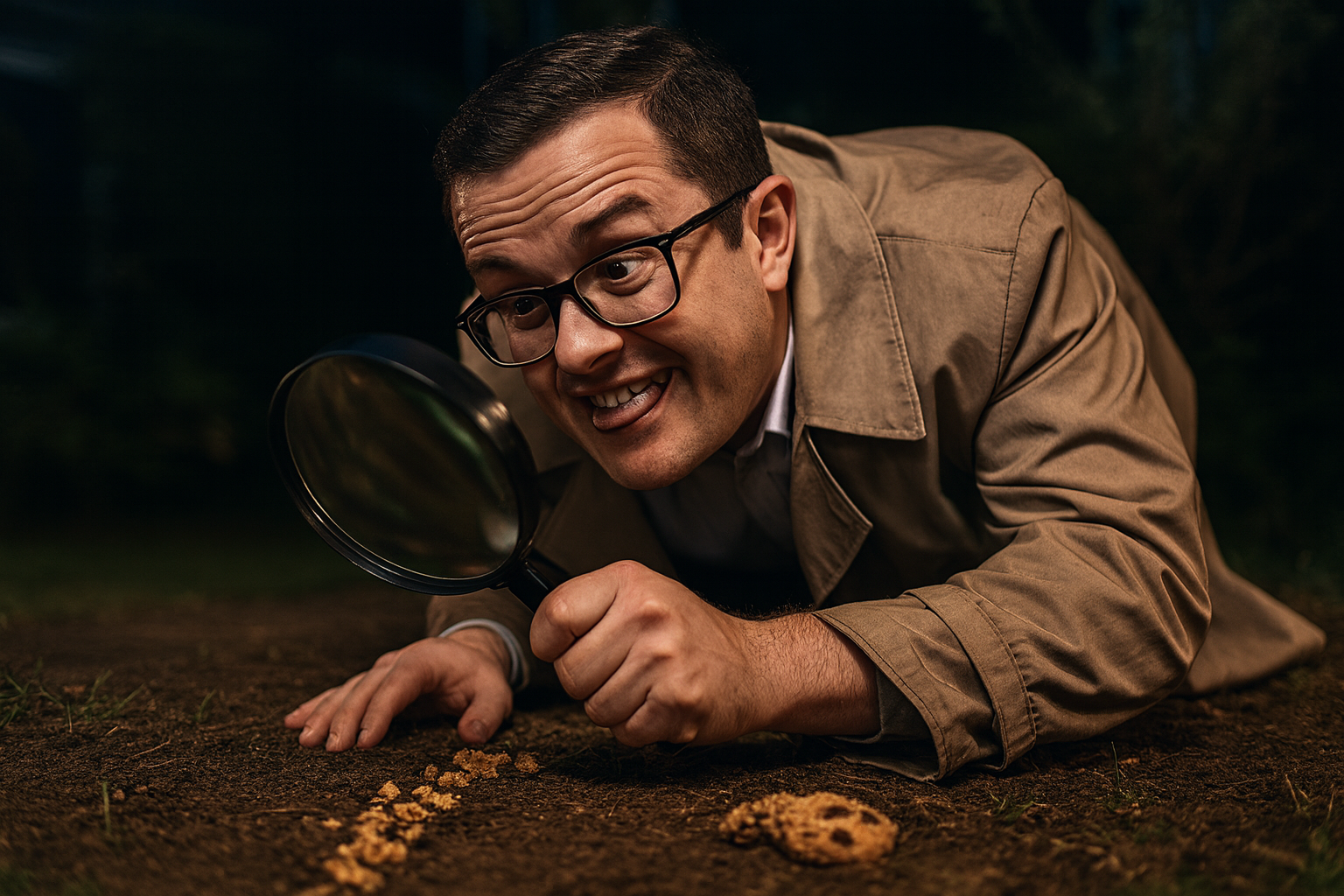 Paul crawling in the yard inspecting a trail of cookie crumbs with a huge grin