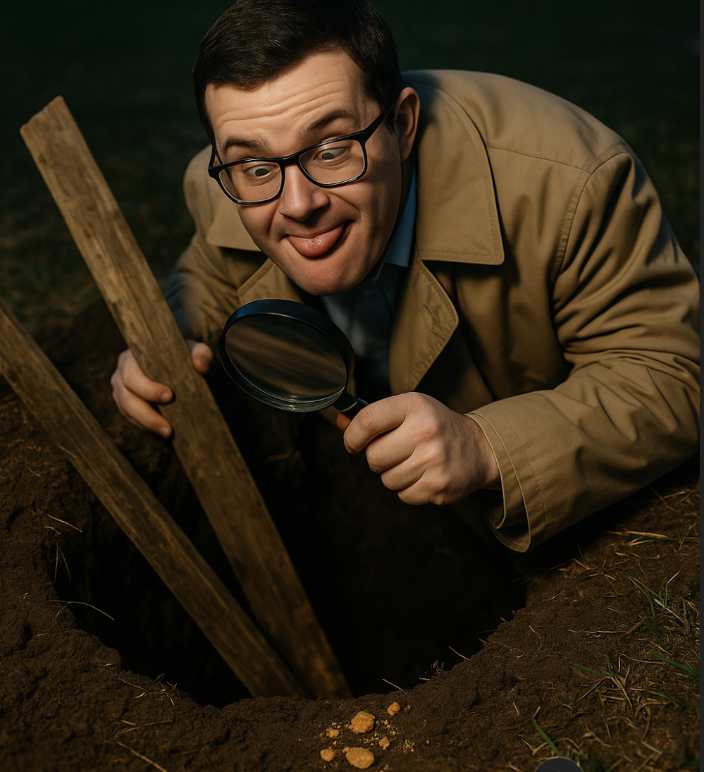 Crumb trail ends at a rotten boarded hole while Paul leans in grinning with magnifying glass