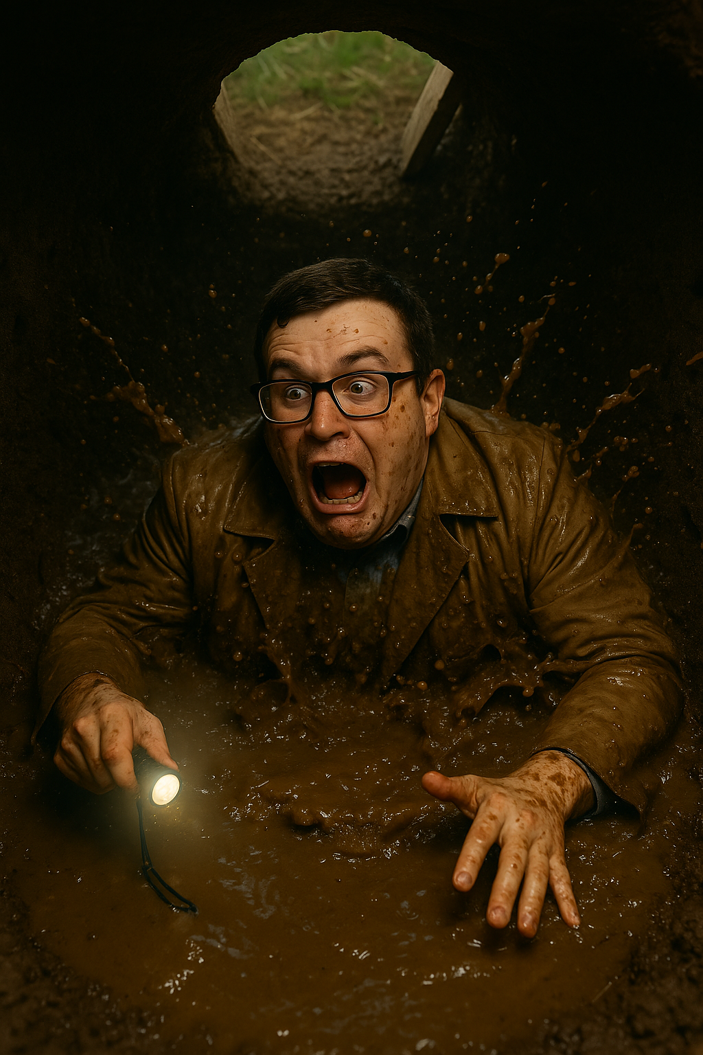 Paul plunges into a pit of muddy septic sludge with flashlight in hand and a shocked scream