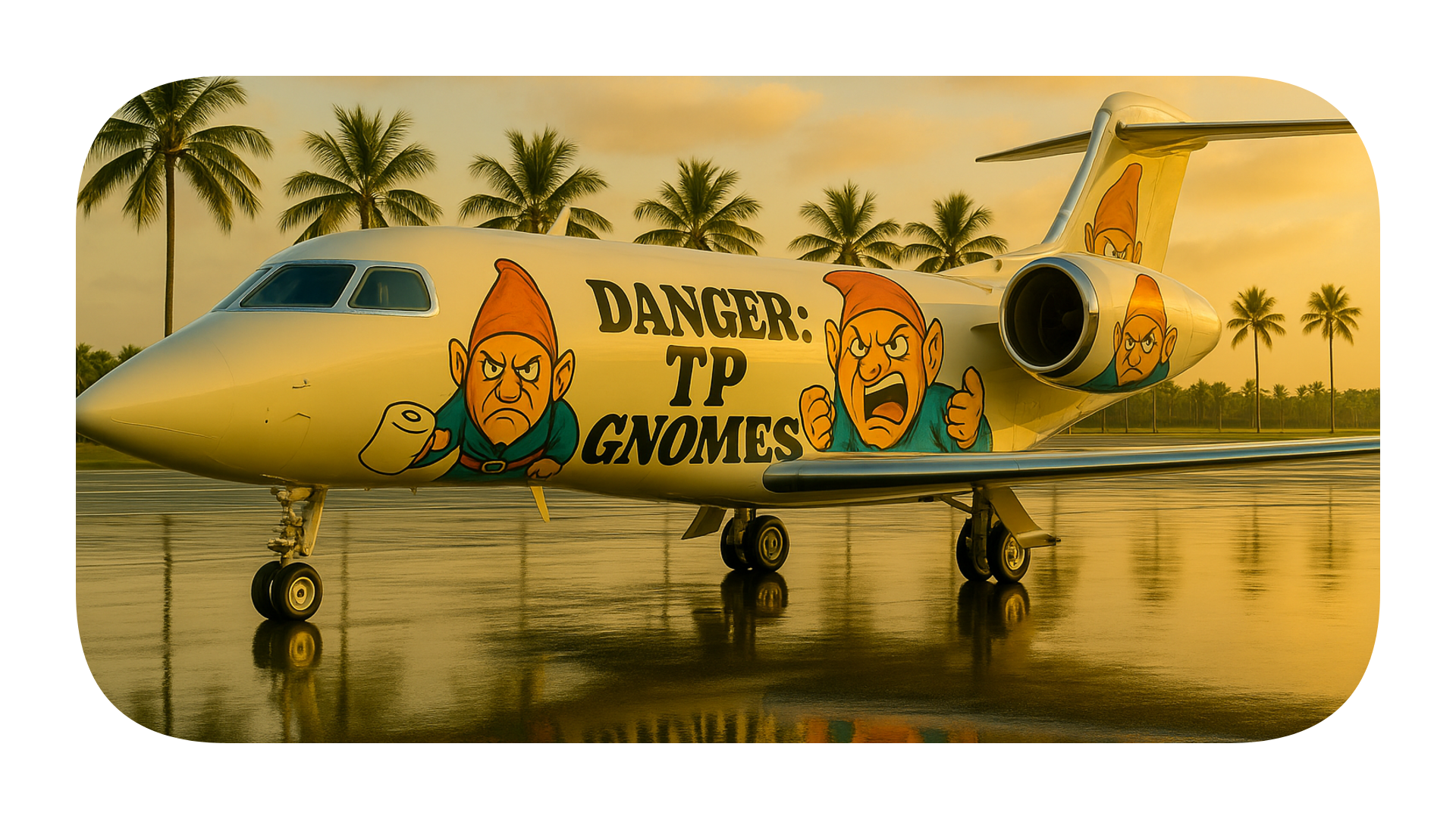 Gulfstream private jet on rain-slick tropical runway with angry TP gnome livery