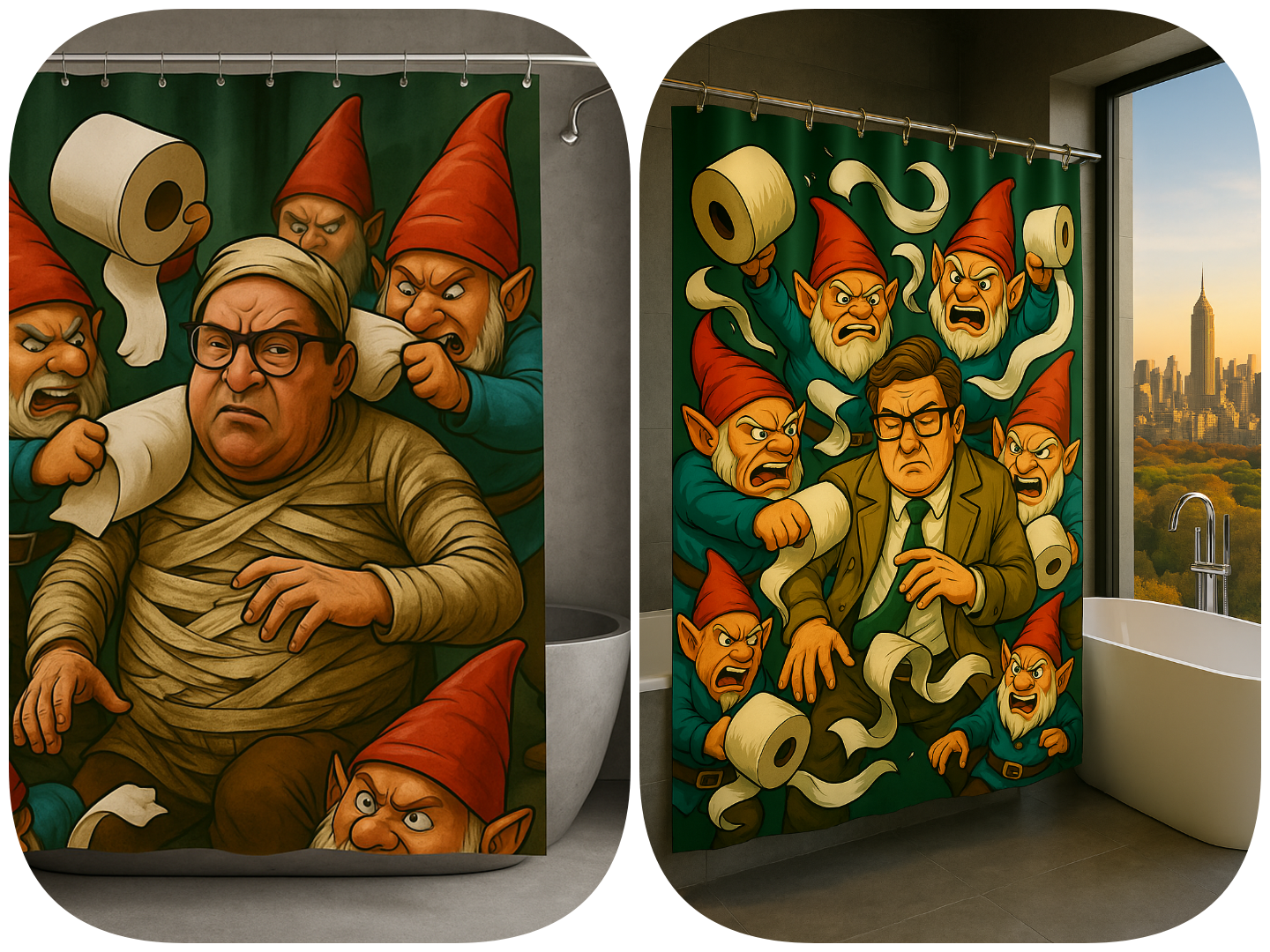 Artsy shower curtain with furious toilet paper gnomes surrounding a worried man