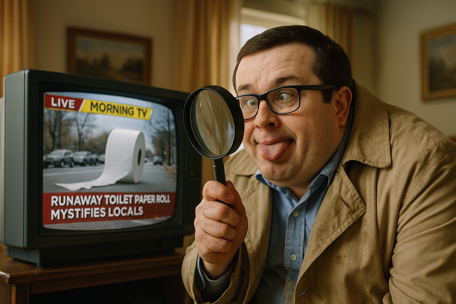 Paul watches a news report of a runaway toilet paper roll on TV while mugging with his magnifying glass