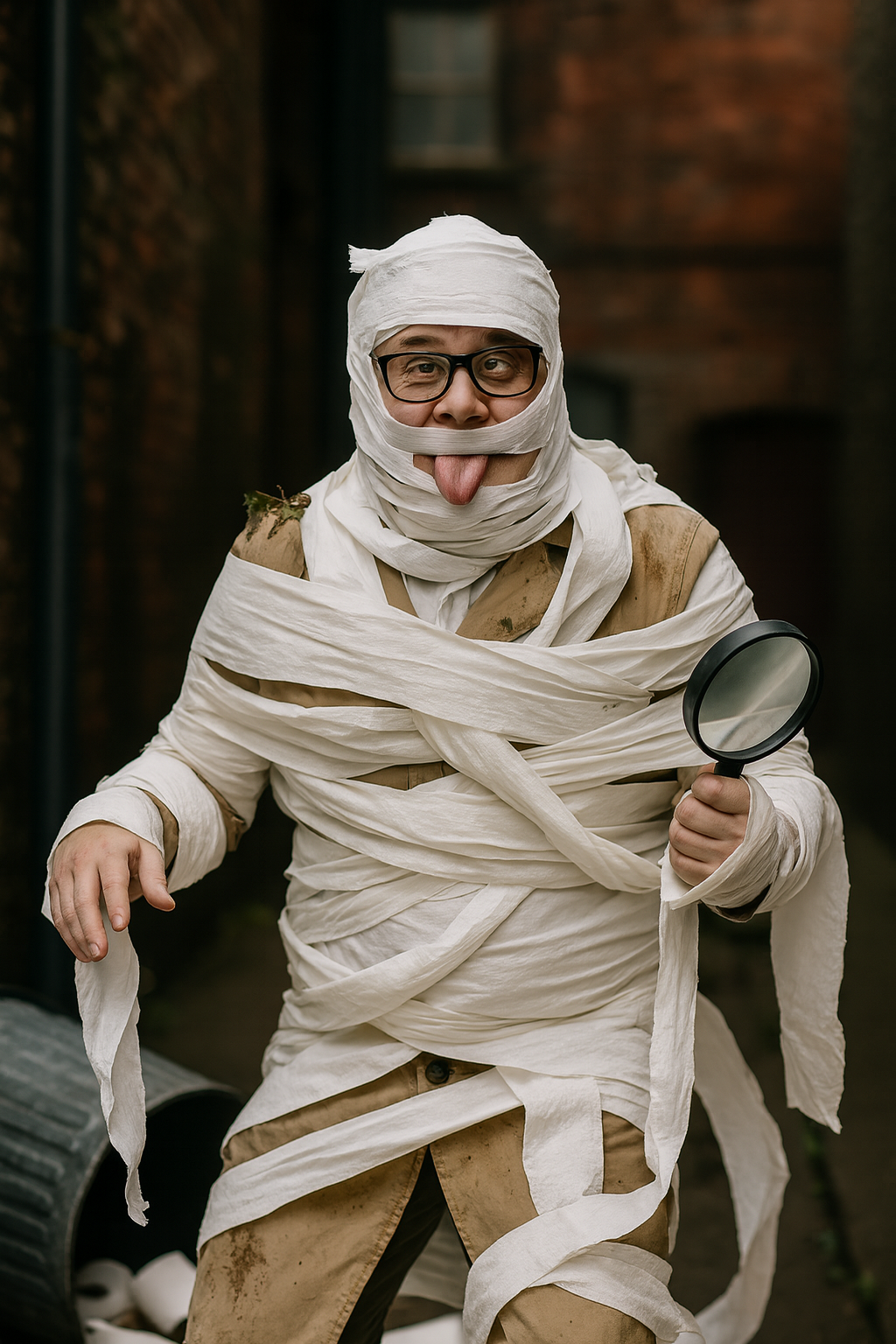Paul wrapped head to toe in toilet paper like a mummy stumbling down an alley