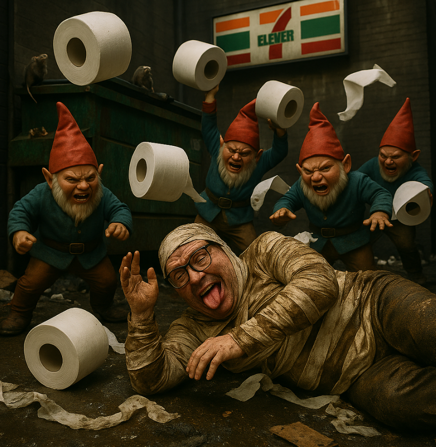 Toilet paper gnomes pummel Paul in an alley behind a dumpster leaving him covered in filth
