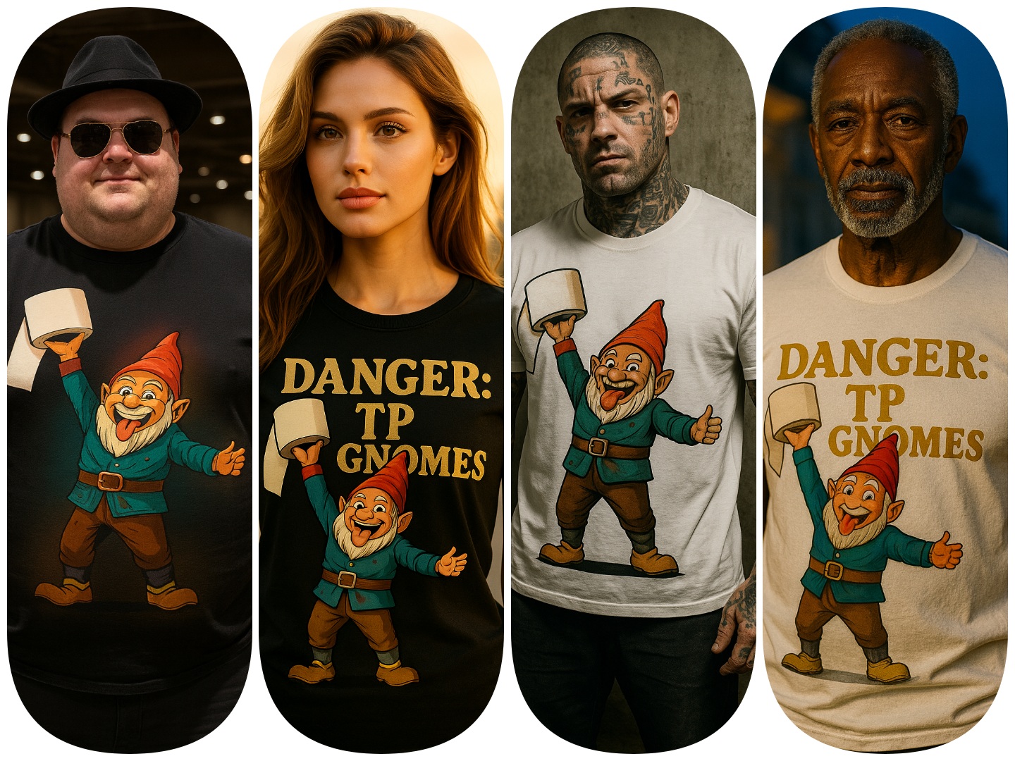 Collection mockup of parody t-shirts featuring the TP gnomes design