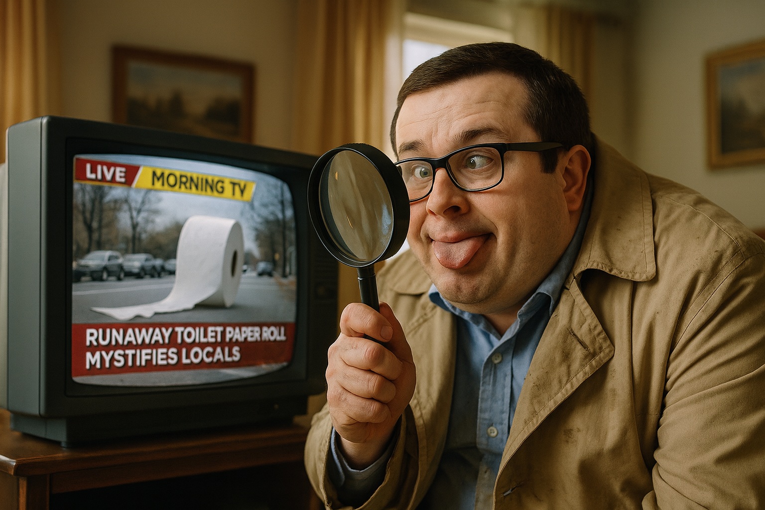 Paul watches a news report about runaway toilet paper, making a ridiculous detective face.