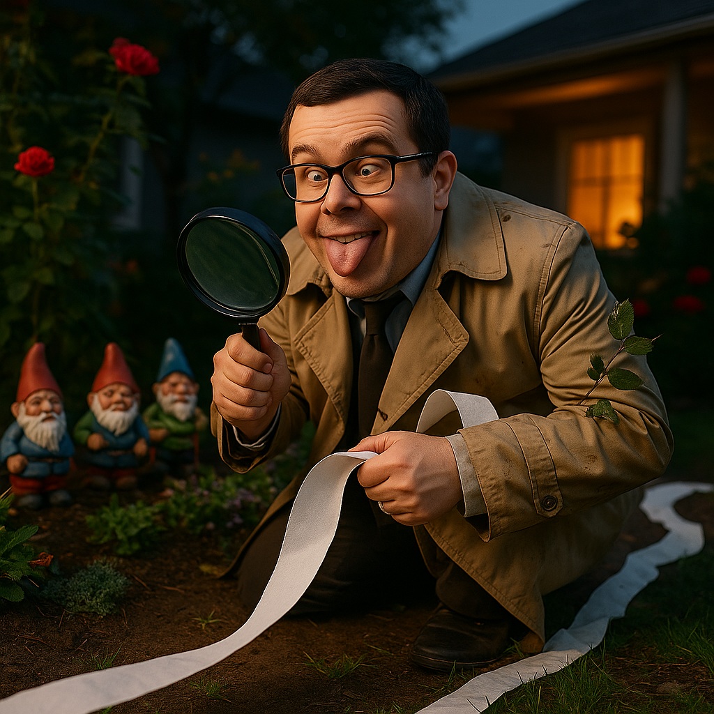 Paul crouches in a garden following a toilet paper trail while gnomes stare silently.
